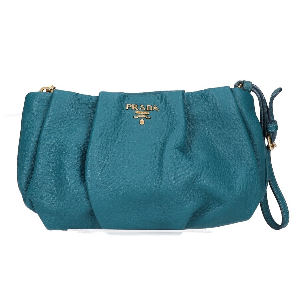 PRADA Prada Leather Gathered Pouch Turquoise Women's